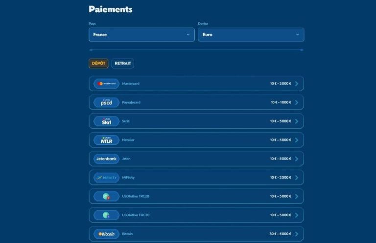 Winbay Casino moyens paiement