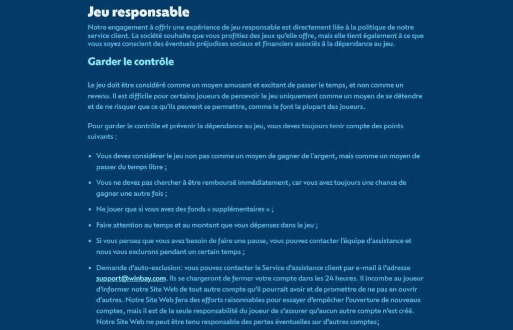 Winbay Casino politique jeux